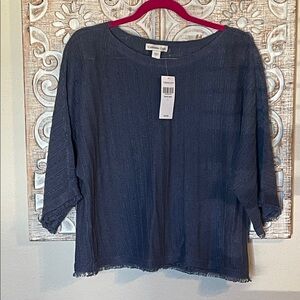 Coldwater Creek Navy Textured Boat Neck Tunic Top with Elbow Sleeves